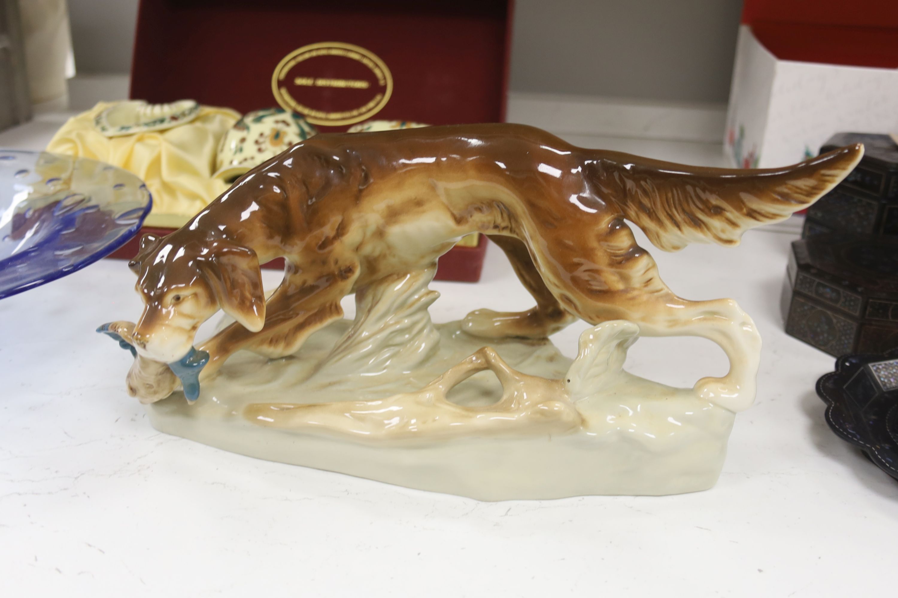 A large Czechoslovakian porcelain model of a hunting dog, length 33cm, together with a cased three piece Zsolnay Pecs presentation set and a hand blown Studio glass footed bowl, diameter 36cm